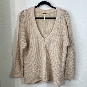 45. Free People Small Beige Deep V-Neck Sweater Open Knit